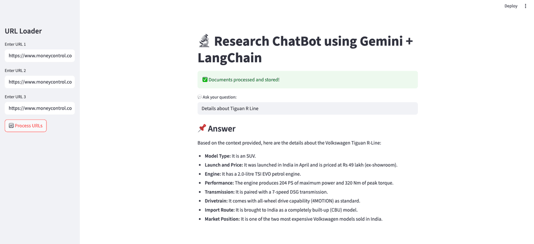 Research ChatBot using Gemini + LangChain